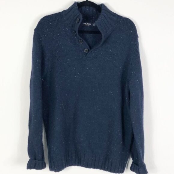 Nautica Navy Cowl Neck Sweater Marble Knit 4-Button Size Medium - Picture 2 of 9